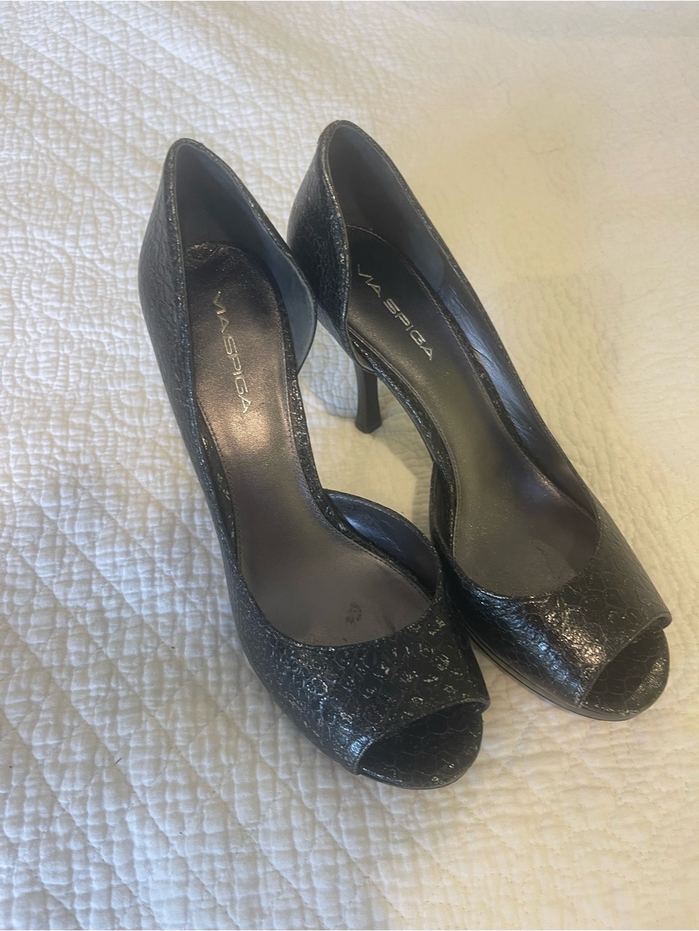Via Spiga Black Snakeskin Embossed Peep Toe D'Orsay Stiletto Pumps 8.5 Slip On